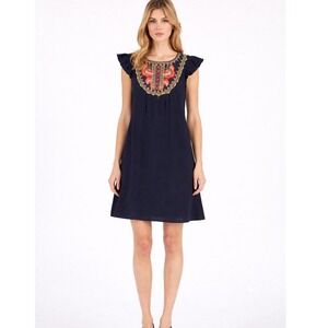THML  Navy Blue Floral Embroidered Cotton Gauze Dress Sz Medium